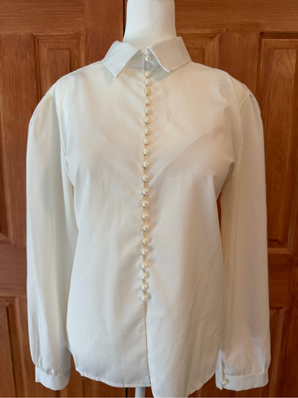 Pearl-Front Cream Button-Down Shirt - Women Tops